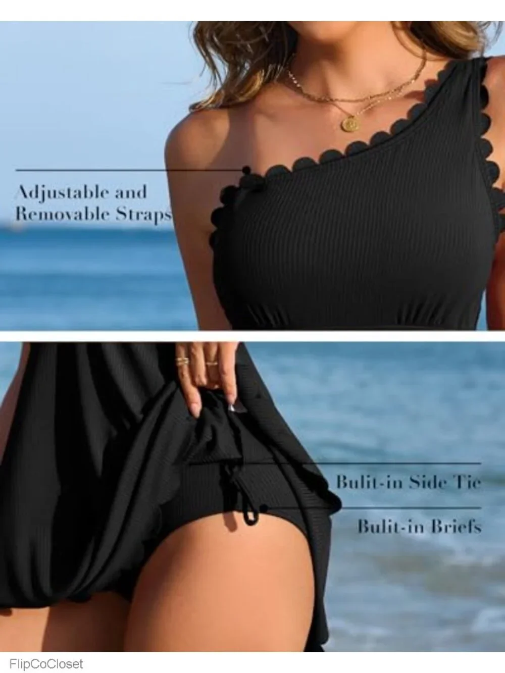 Women's One Shoulder Ribbed Swim Dress Modest One Piece Tummy Control Bathing
